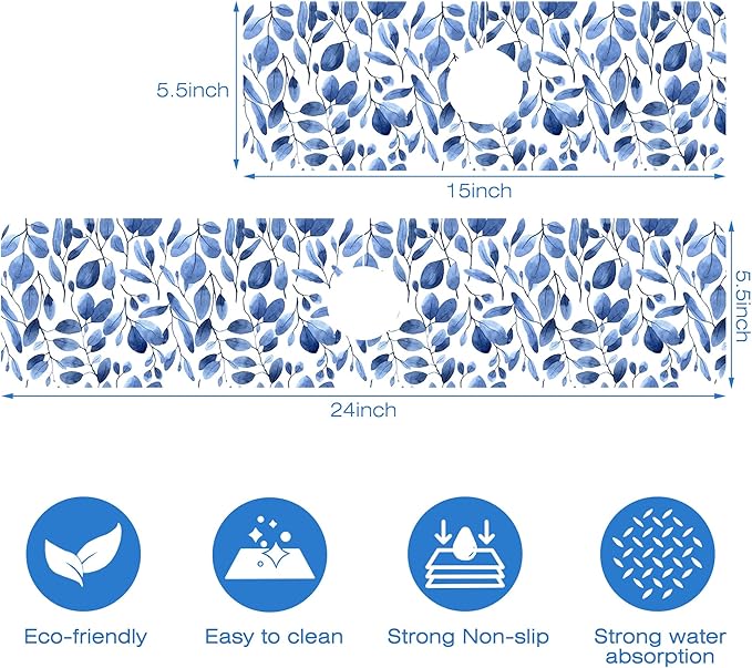 Watercolor Blue Leaves Sink Faucet Absorbing Mat Sink Splash Guard Faucet Mat Draining Mat Fast Drying Sink Protectors for Kitchen and Bathroom 5.5"×15"