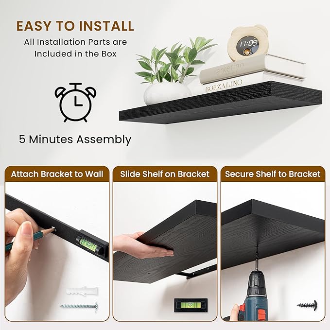 Fun Memories 48 Inch Deep Floating Shelves for Wall, 2 Pack of Long Wall Mounted Wood Shelves with Invisible Brackets for Bathroom, Bedroom, Living Room, Kitchen Decor and Storage, Black