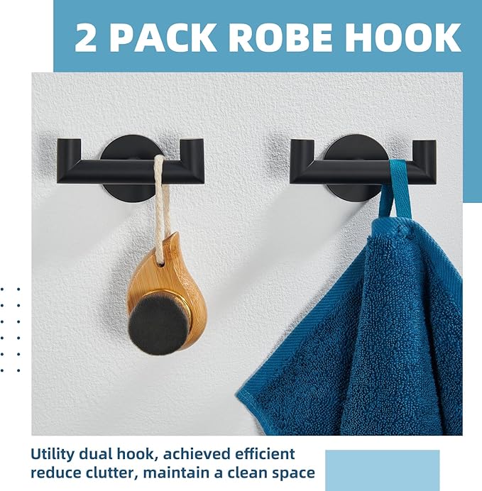 APLusee Matte Black Double Towel Hook 2 Pack, Stainless Steel Clothes Hook, Wall Mounted