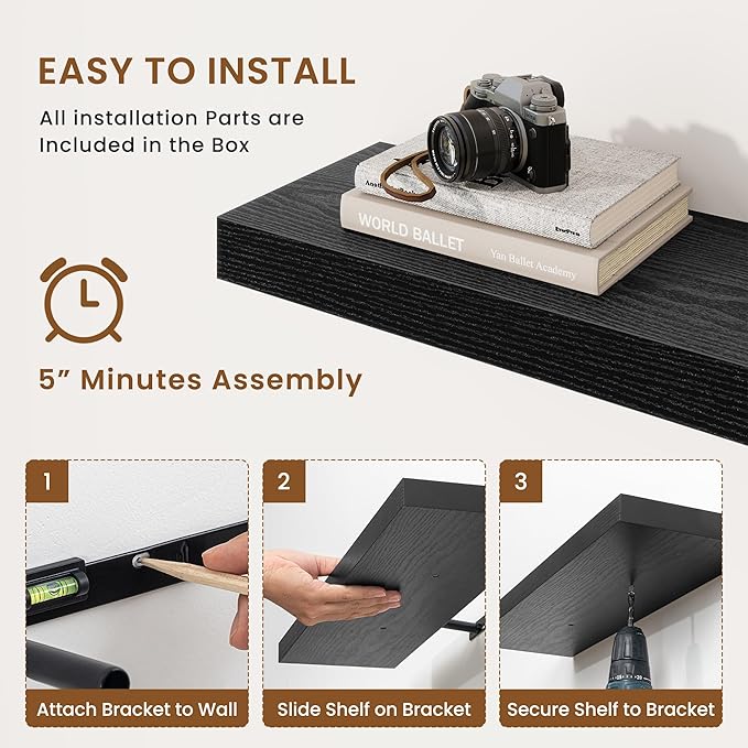 fuqing Floating Shelves for Wall, Wall Mounted Wood Floating Shelf with Invisible Brackets for Living Room, Bathroom, Bedroom, Kitchen Storage and Decor, 40 Inch Set of 2, Black