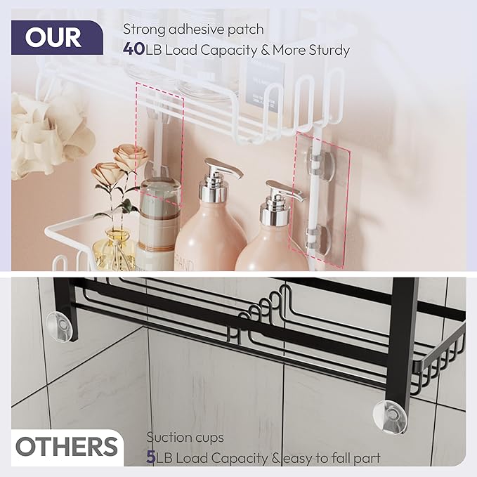 SWTYMIKI Bathroom Shower Caddy Hanging - 3 Tier Rustproof Over Shower Head Organizer, No Drilling Bathroom Shelf with 16 Hooks & Soap Holder, Anti-Swing Rack for Shampoo,Sponge,Towel, White, Medium