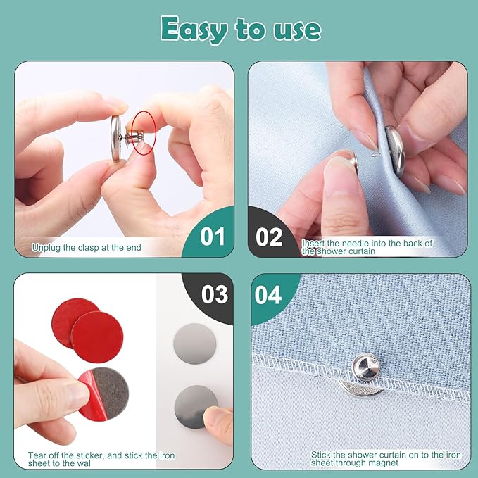 8 Pcs Shower Curtain Weights Magnetic with Back Tack, Keep Curtain Liners Closed&Tight to Side Walls, Windproof Stop Protect Splash Clips Heavy Strong Magnets Add Weight with 16 Patch, for All Tubs