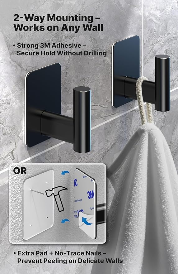 Adhesive Towel Hooks for Bathrooms, Set of 4 Black Self-Adhesive Robe Rack, Heavy Duty Hooks - Includes Backup Mounting Nails Black, No Drill Needed