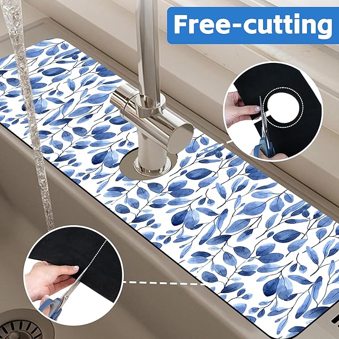 Watercolor Blue Leaves Sink Faucet Absorbing Mat Sink Splash Guard Faucet Mat Draining Mat Fast Drying Sink Protectors for Kitchen and Bathroom 5.5"×24"