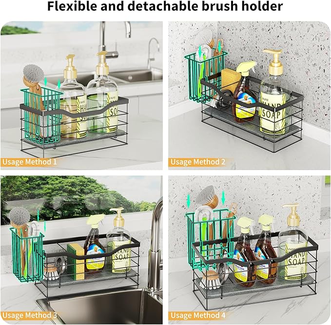 Sponge Holder for Kitchen Sink with Diatomite Drying Pad, Rust-Resistant Countertop Organizer, Adjustable Divider for Soap, Brush & Sponge