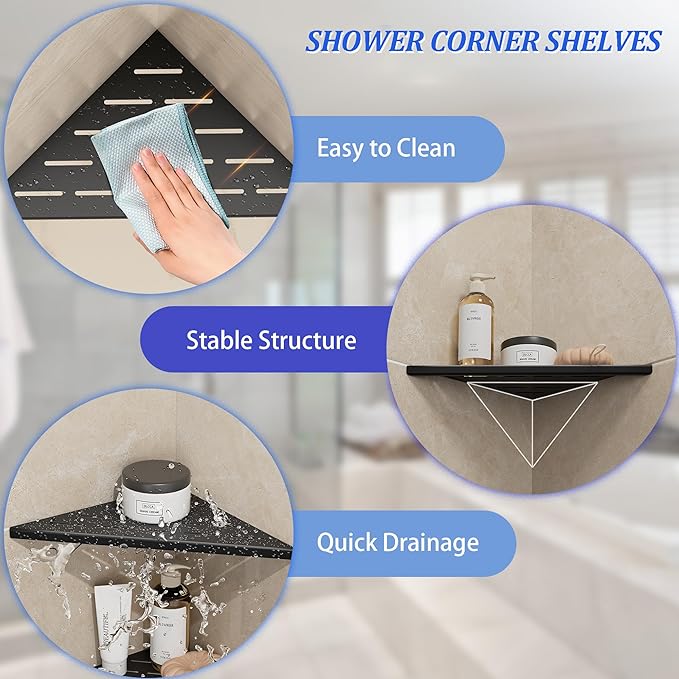 Neodrain 10 in Matte Black Corner Wall Shelf Set of 2, Floating Corner Shelves for Wall, 304 Stainless Steel Shower Storage Shelves for Bathroom, No Drilling