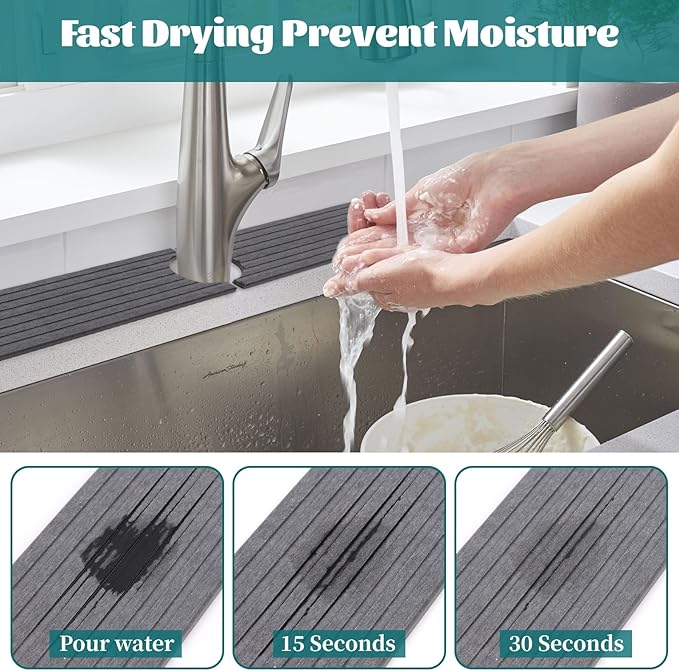 23.6in Kitchen Faucet Mat, Diatomite Sink Stone Quick Dry Around Faucet Mats for Bathroom Counter (Dark Gray)