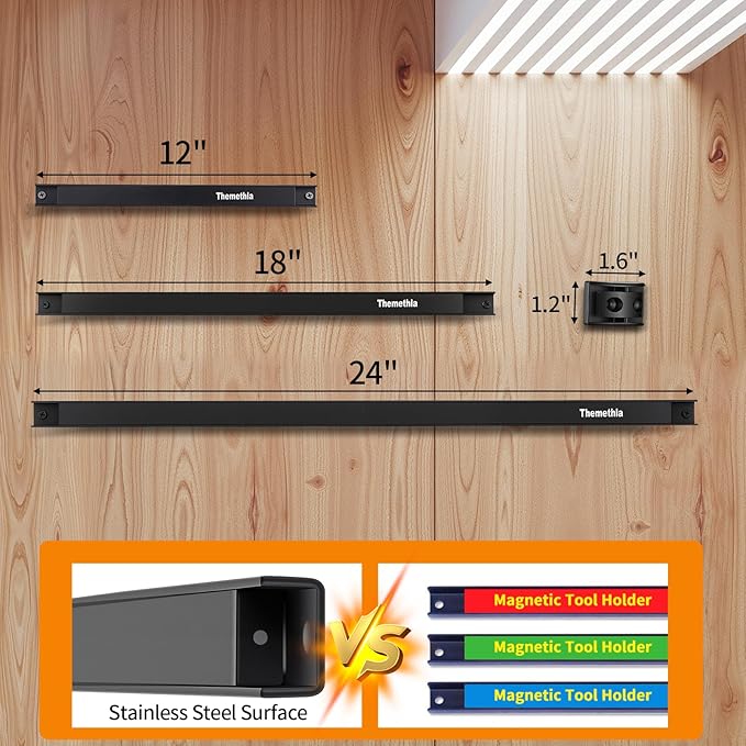 18" Magnetic Tool Holder Strip, 4 Pieces Black Metal Tool Organizer Rack with Stainless Steel Surface, Magnet Bar for Garage Workshop, Easy To Install with Mounting Screws