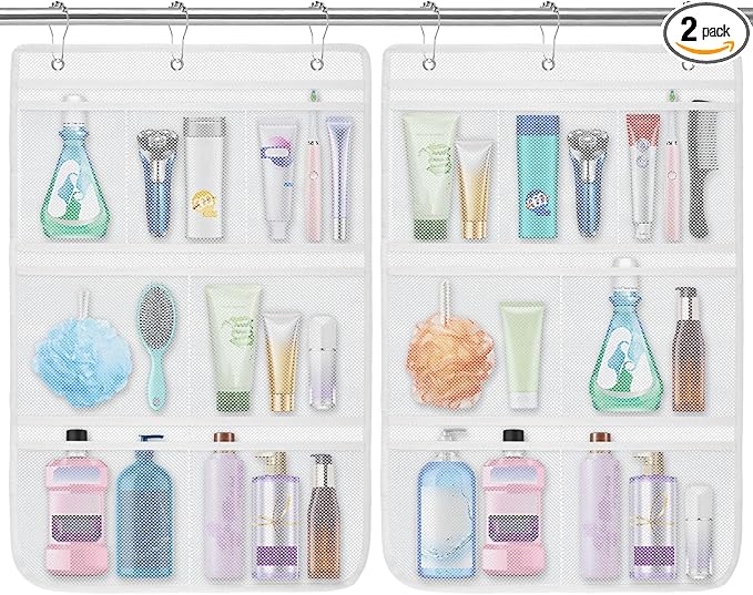 2 Pack Mesh Shower Caddy Hanging Organizer with 7 Pockets, Quick Dry Bathroom Storage Bag, Cruise Cabin and Dorm Essentials for Travel, Toiletry Organizer for Shampoo Soap