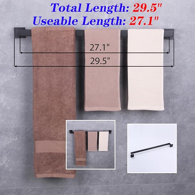 GERZWY 30-Inch Bath Towel Bar Modern Square Style Bathroom Towel Bar SUS 304 Stainless Steel Wall Mount Matte Black FG160175-BK