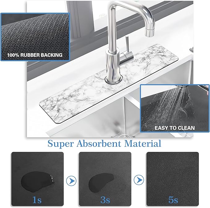 Faucet Mat for Kitchen Sink White Marble Texture, Soft Diatom Mud Material, Strong Water Absorption, Non-slip, Easy to Clean for Bathroom, Kitchen 23.5"X5.5"