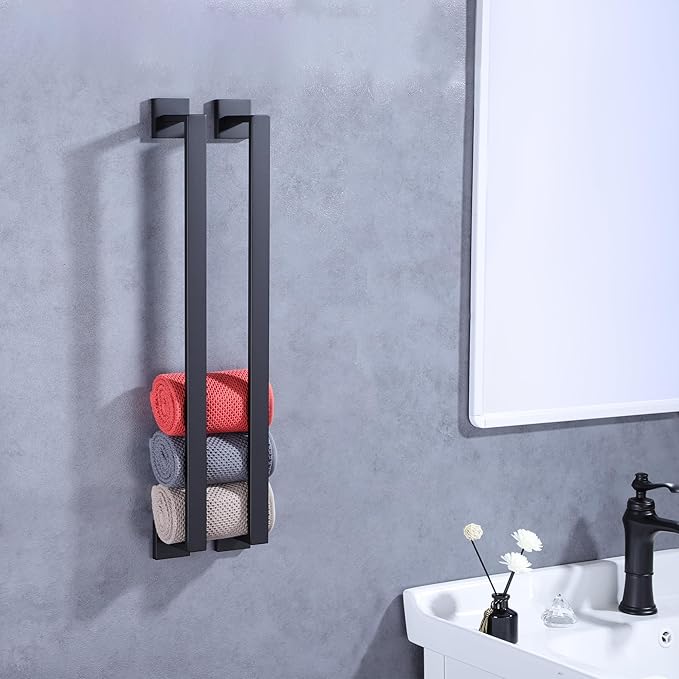 LANC 2 Pack Bathroom Towel Bars, Matte Black 20-Inch Bathroom Square Towel Racks Kitchen Hand Towel Holders Total-22" Stainless Steel Wall Mount Towel Hanger Rods,A8804-5MB