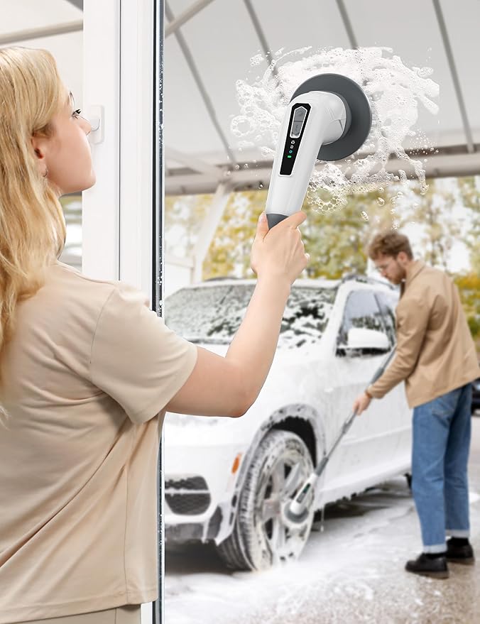 Electric Spin Scrubber, Cordless Bathroom Cleaning Brush for Home, 420PRM Shower Scrubber with 8 Replaceable Head, 3 Speeds, Adjustable Long Handle for Bathroom, Bathtub, Car, Kitchens- Grey
