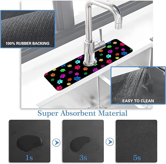 Dog Paw Print Faucet Mat for Kitchen Sink Animal Footprint, Soft Diatom Mud Material, Strong Water Absorption, Non-slip, Easy to Clean for Bathroom, Kitchen 15"X5.5"