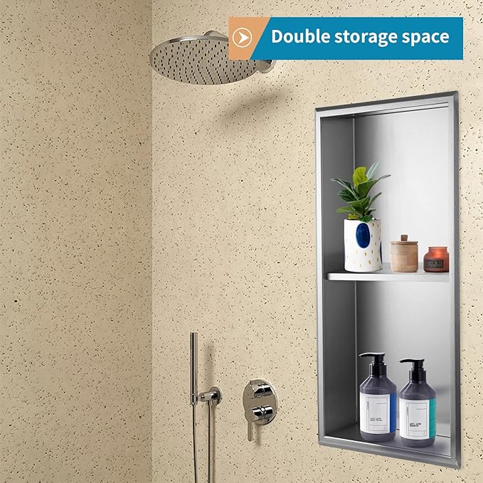 12"×24" Shower Niche with Divider, Brushed Stainless Steel Bathroom Shelf Insert, Double Recessed Shower Caddy Fits for 10-7/8" x 22-7/8" Wall Hole Installation (Nickel)