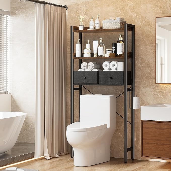 Housolution Over The Toilet Storage with 2 Drawers, 3 Tier Over Toilet Bathroom Organizer with Height Adjustable Shelves and Hooks, Space Saver Above Toilet for Bathroom/Restroom/Laundry, Black+Brown