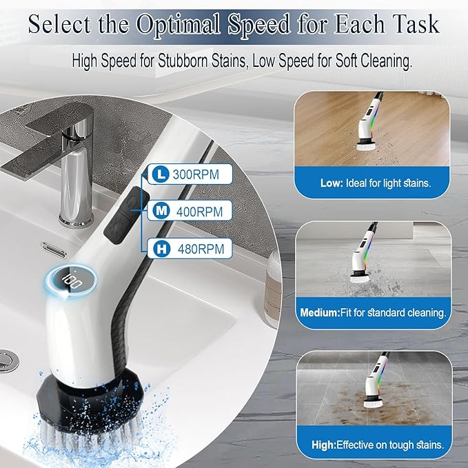 Electric Spin Scrubber Cordless,Lucklights Cleaning Brush Power Shower 7 Brush Heads 3 Speeds 120Mins Work Time Adjustable Extension Arm for Bathroom Tub Kitchen Floor Car