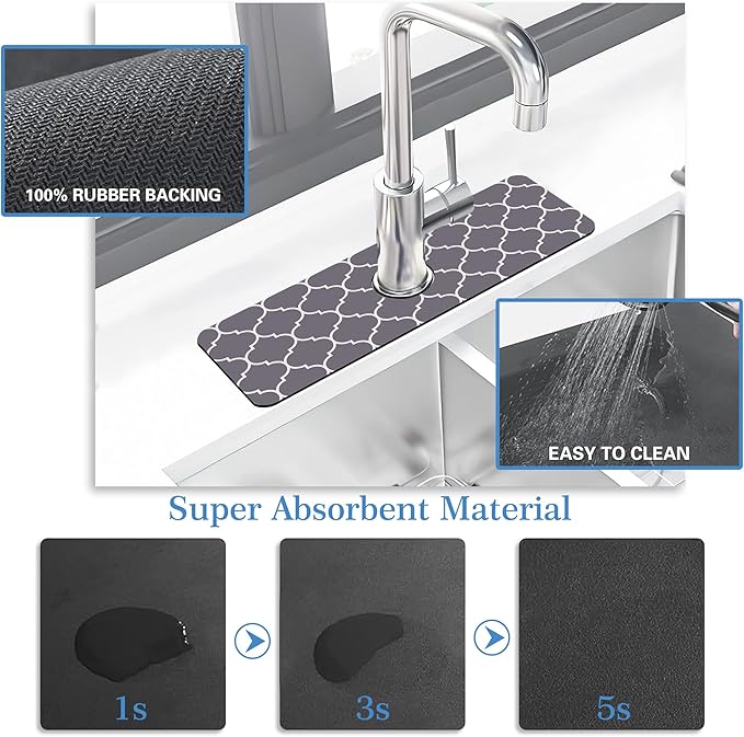 Faucet Mat for Kitchen Sink Stylish Grey Moroccan Art, Soft Diatom Mud Material, Strong Water Absorption, Non-slip, Easy to Clean for Bathroom, Kitchen 15"X5.5"