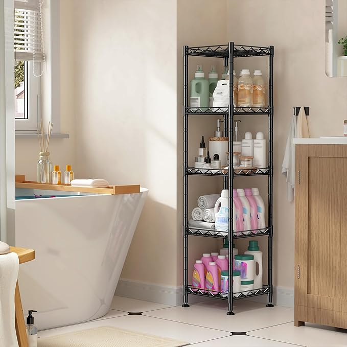 5 Tier Metal Shelving Unit Wire Shelves Storage Rack:Adjustable Storage Shelves Standing Bathroom Shelf and Narrow Small Shelf for Laundry Dorm Kitchen Pantry Closet Office 12''Wx12''Dx49''H Black