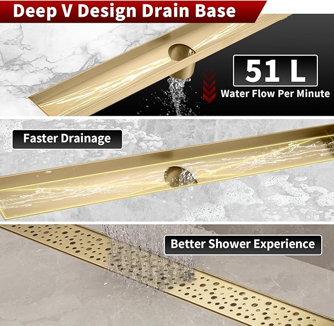 Sharp-tec 32 inch Linear Shower Drain, Gold Rectangular Floor Drain, V-Shape Design Drain Channel, 304 Stainless Steel, cUPC Certificated for Bathroom Shower Room (Drain Base is Not Included)