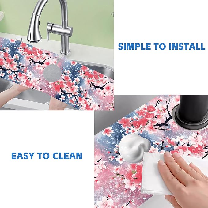 Japanese Pink Cherry Blossoms Dish Drying Mat for Kitchen Sink Splash Guard Behind Faucet Sink Mat Absorbent Fast Drying Faucet Draining Mat for Bathroom Kitchen 5.5"×24"