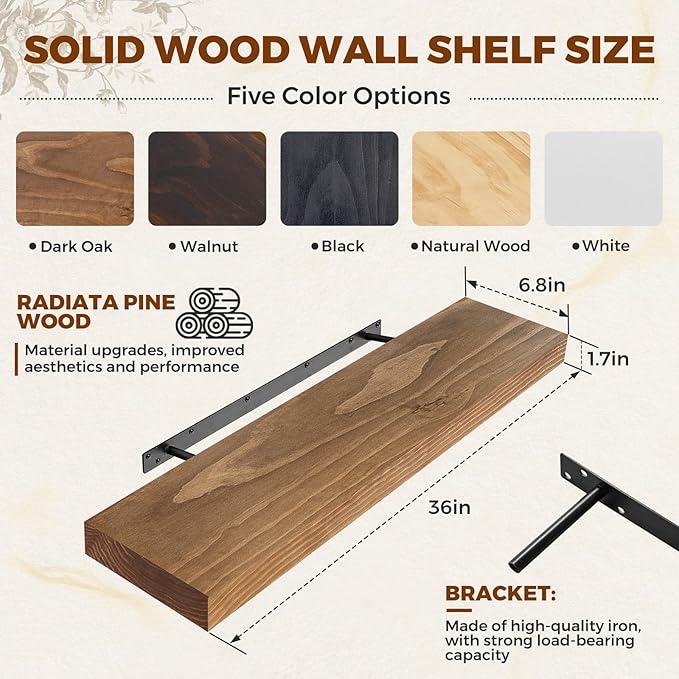 Floating Wall Shelf 36x6.8x1.7 Inch – Solid Wood Shelf in Dark Oak Finish – Heavy Duty Wall Mounted Rustic Display Shelf for Living Room, Kitchen, Bedroom, Hallway – Set of 2