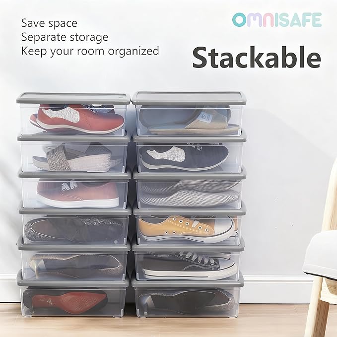 Stackable Plastic Storage Shoebox, BPA-Free Nestable Container with Latching Lid to Organize Shoes, See-Through Box for Home and Office, Multi-Purpose Clear Bins (Grey, 12 Pack)