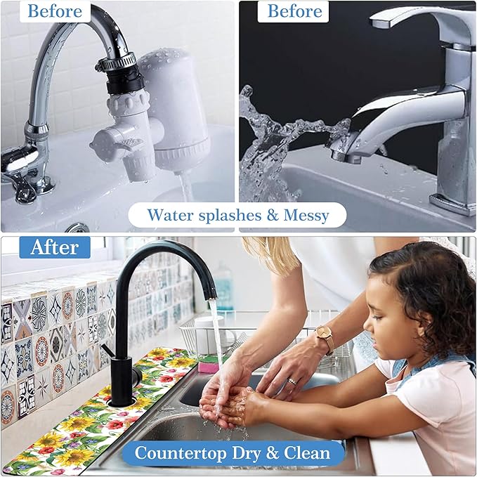 Faucet Mat for Kitchen Sink Sunflower Cornflower Poppy Barley, Soft Diatom Mud Material, Strong Water Absorption, Non-slip, Easy to Clean for Bathroom, Kitchen 23.5"X5.5"