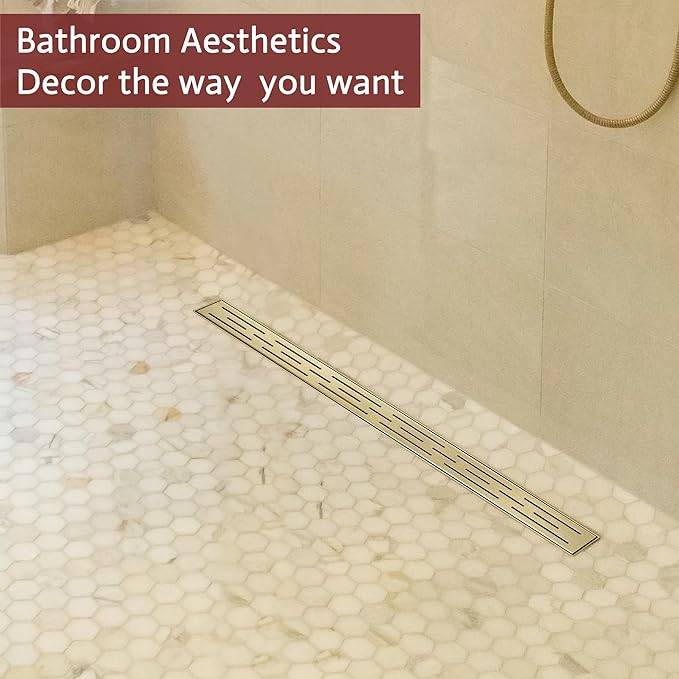 12 Inch Linear Shower Drain, Brushed Gold Shower Drain,Removable Grate, 304 Stainless Steel, Easy to Install and Clean for Bathrooms (Drain Base Not Included), LSD-01A-12G