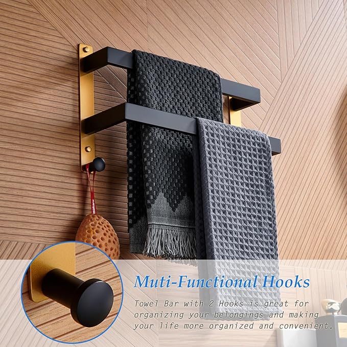 16 Inch Double Towel Bar with Hooks Black & Gold, Wall Mounted Towel Holder for Kitchen Bathroom, Stainless Steel Towel Rack