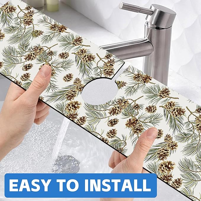 Abstract Pine Cones Sink Faucet Absorbing Mat Splash Guard Behind Faucet Sink Mat Absorbent Fast Drying Faucet Draining Mat for Bathroom Kitchen 5.5"×24"