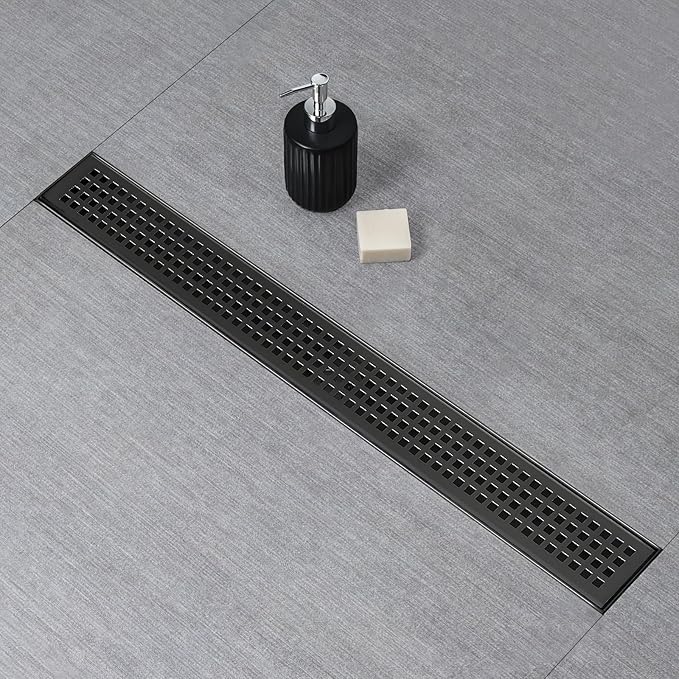 SaniteModar Linear Shower Drain, Matte Black Shower Drain 24 inch with Removable Grate,Brushed 304 Stainless Steel Shower Drain Include Hair Strainer,Adjustable Leveling Feet