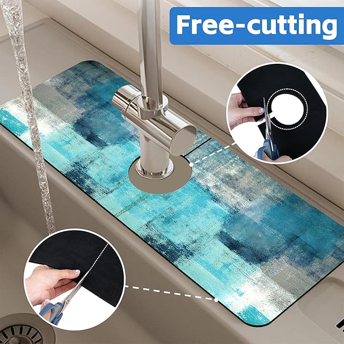 Abstract Teal and Grey Geometric Dish Drying Mat for Kitchen Sink Splash Guard Behind Faucet Sink Mat Absorbent Fast Drying Faucet Draining Mat for Bathroom Kitchen 5.5"×15"