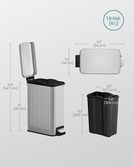 SONGMICS Bathroom Trash Can, 1.6-Gallon (6 L) Trash Bin with Lid, Slim for Small Spaces, Stainless Steel Garbage Can, Soft Close, Silver ULTB563E01