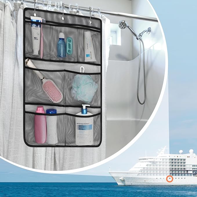 F-color Cruise Essentials 2026 - Mesh Shower Organizer Hanging with 7 Pockets for RV Gym Camping, Quick-Dry Portable Toiletry Bag with Metal Hooks for Bathroom Travel Toiletries