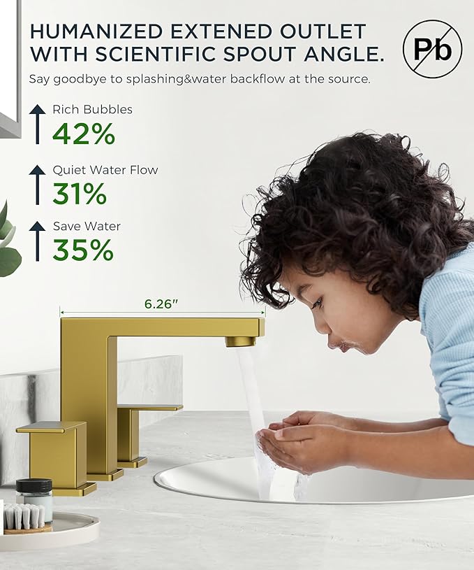 FORIOUS Gold Bathroom Faucet 3 Hole, Square 2 Handle 8 in Widespread Brushed Gold Bathroom Sink Faucet 3 Hole with Metal Drain, 24" CUPC Supply Lines and Spare Aerator, Vanity Sink Remodel