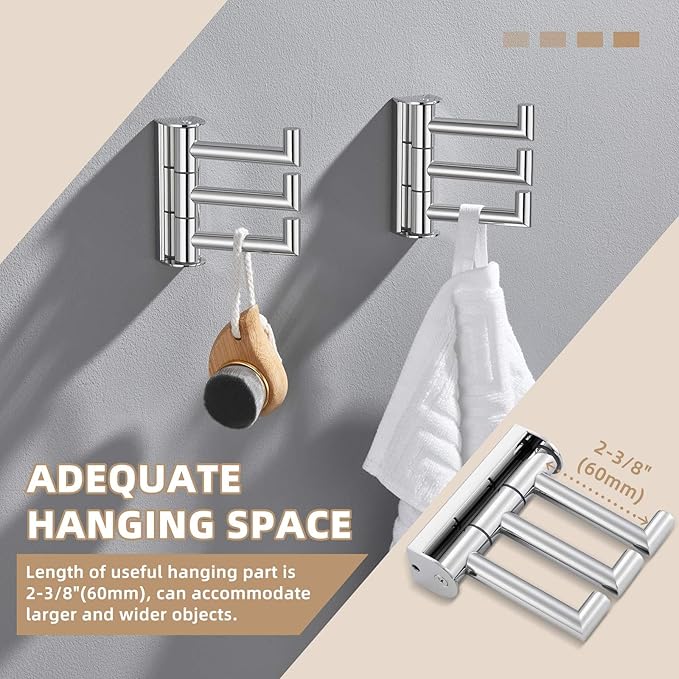 Suyar Swivel Towel Hook Polished Chrome, SUS 304 Stainless Steel Robe Holder for Bathroom with 3 Arms, 2 Pack