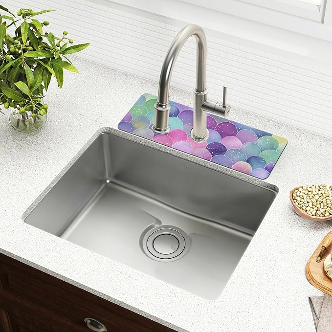 Kitchen Sink Splash Guard 1 PC 14.7 Inch Sink Faucet Mat Splash Guard for Bathroom Countertop Water Absorbent Foldable Cuttable Soft Washable Watercolor Mermaid Scales Colors