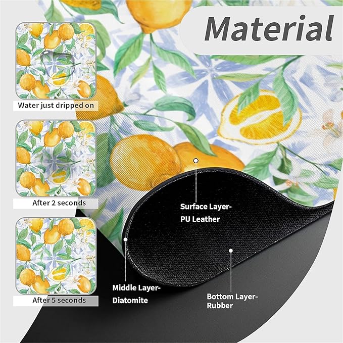 Faucet Draining Mat For Kitchen Sink, Yellow Lemons And Blue Tiles Diatom Mud Absorbent Drain Pad For Bathroom Kitchen Sink Splash Guard Drying Mat