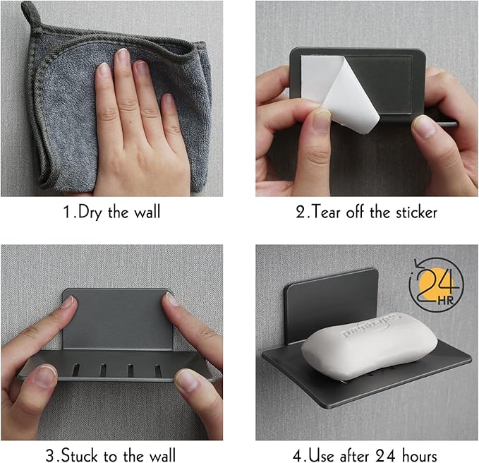 Soap Dishes for Bathroom, Bar Soap Holder with Self Draining Tray, Soap Tray for Shower Wall, 4 Slot Self-Adhesive Soap Container (Gun Grey)