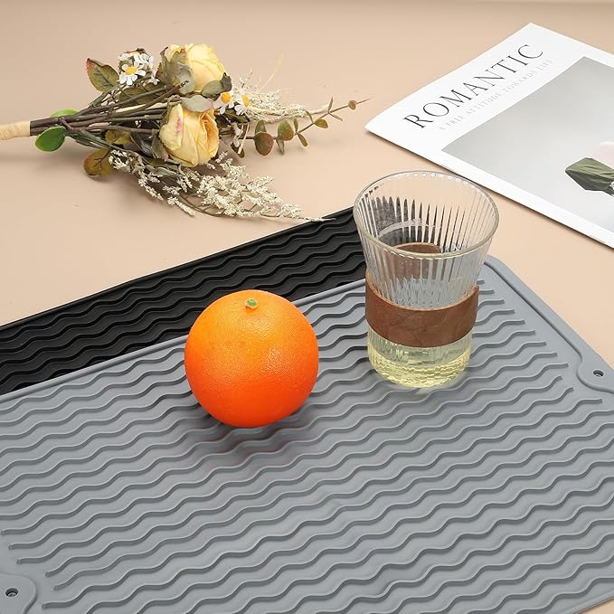 uxcell Silicone Dish Drying Mat for Kitchen Counter, 18 x 16" Dish Drying Pad Heat Resistant Non-Slip for Kitchen Countertop Coffee Mat, Gray