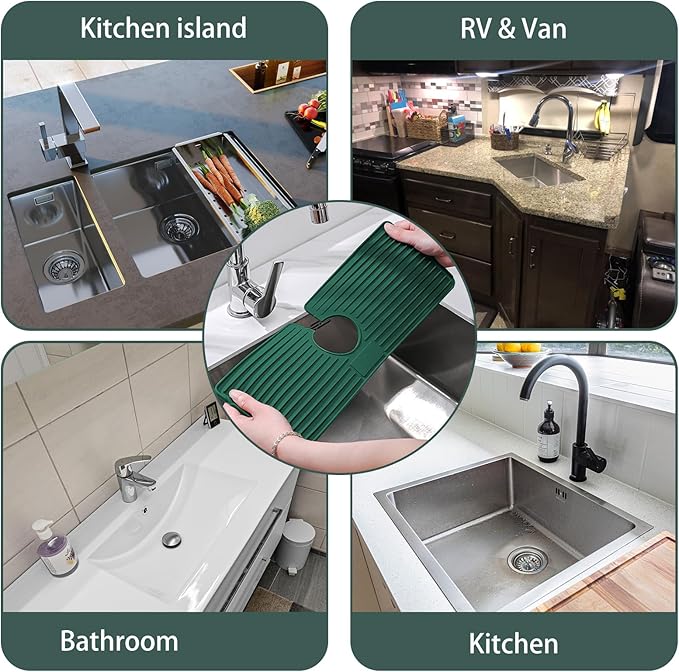 Faucet Mat for Kitchen Sink, Silicone Faucet Handle Drip Catcher Tray, Drying Mat as Sponge and Soap Holder with Lateral Inflow for Kitchen Bathroom Farmhouse & RV Sink Accessories (Green)