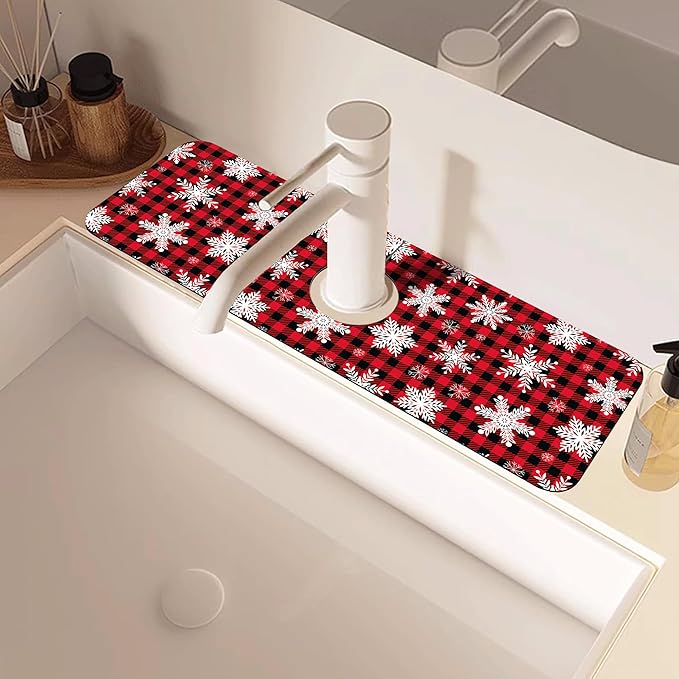 Christmas Snowflake Kitchen Sink Splash Guard Mat Buffalo Plaid Absorbent Fast Drying Mat Faucet Draining Mat Sink Splash Guard Behind Faucet Drip Catcher for Kitchen Bathroom 5.5"×15"