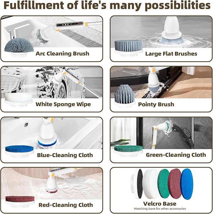 Electric Spin Scrubber, Quiet Cordless Power Scrubber, Electric Cleaning Brush with 8 Replaceable Heads, Adjustable Extendable Pole, Shower Scrubber with Long Handle for Bathroom