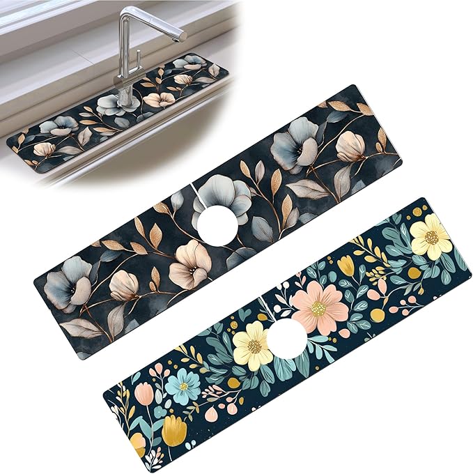 Bimkole 2 PCS Faucet Absorbent Mat, Kitchen Faucet Sink Splash Guard Wraparound Cloth Pads Drip Catcher for Sink Faucet for Kitchen Bathroom Faucet, Colorful Faucet Mat, 15 x 4 Inch Flower A4
