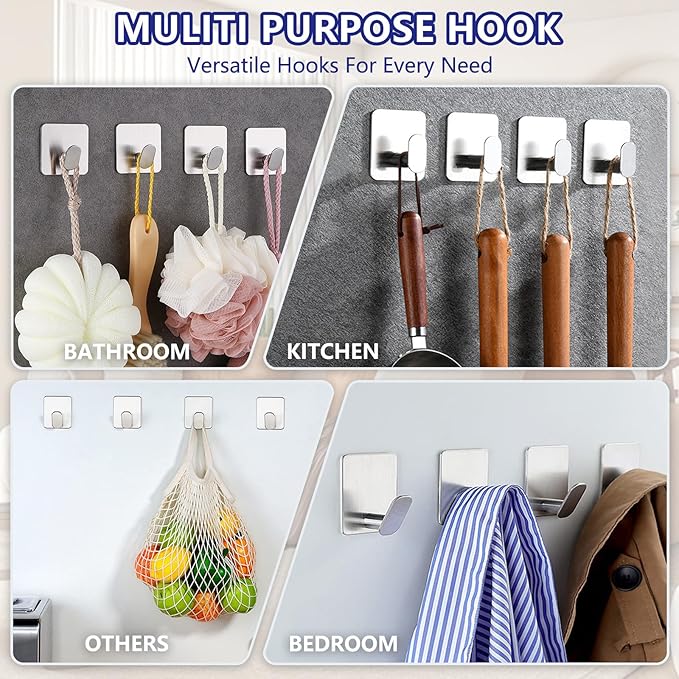 Adhesive Shower Hooks Heavy Duty Metal, Brushed Nickel Towel Hooks Stick On Wall Hanger for Hanging Coat, Hat, Robe Hook for Bathroom Kitchen Decorations, 304 Stainless Steel (4 Packs)