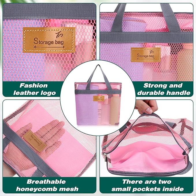 KALIONE Mesh Shower Caddy Bag, Portable Gym Shower Bag, Quick Dry Hanging Toiletry and Bath Organizer with Zipper for College Dorm, Gym, Yoga, Swimming Pool, Travel(Pink)