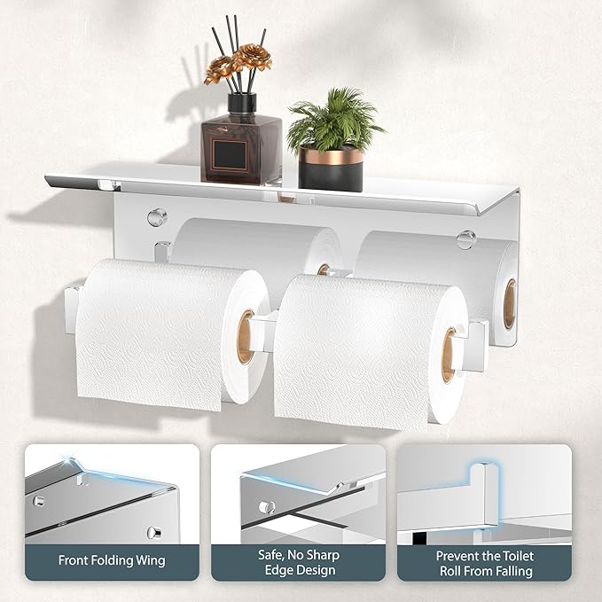 FORIOUS Toilet Paper Holder with Shelf, 304 Stainless Steel Wall Mount Commercial Toilet Paper Dispenser, Double Tissue Roll Holder for Bathroom, Chrome