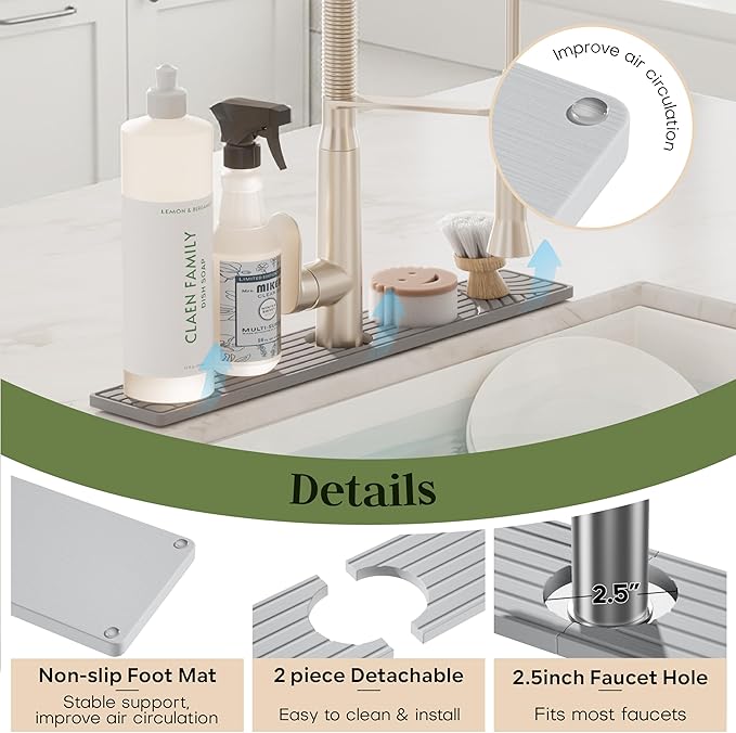 Faucet Mat for Kitchen Sink, Diatomite Drying Stone Mat Protector, Sink Faucet Mat Splash Guard, Absorbing Stone Tray for Kitchen Bathroom Counter