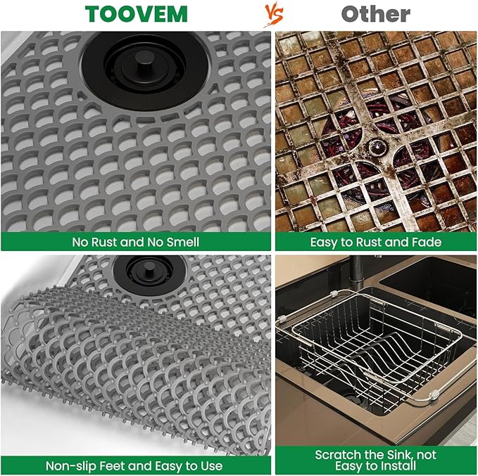 TOOVEM Sink Protectors for Kitchen Sink, 28"x 15" Silicone Kitchen Protector Accessory, Non-Slip Heat Resistant Mat for Bottom of Farmhouse Porcelain Stainless Steel with Right and Left Drain, Grey